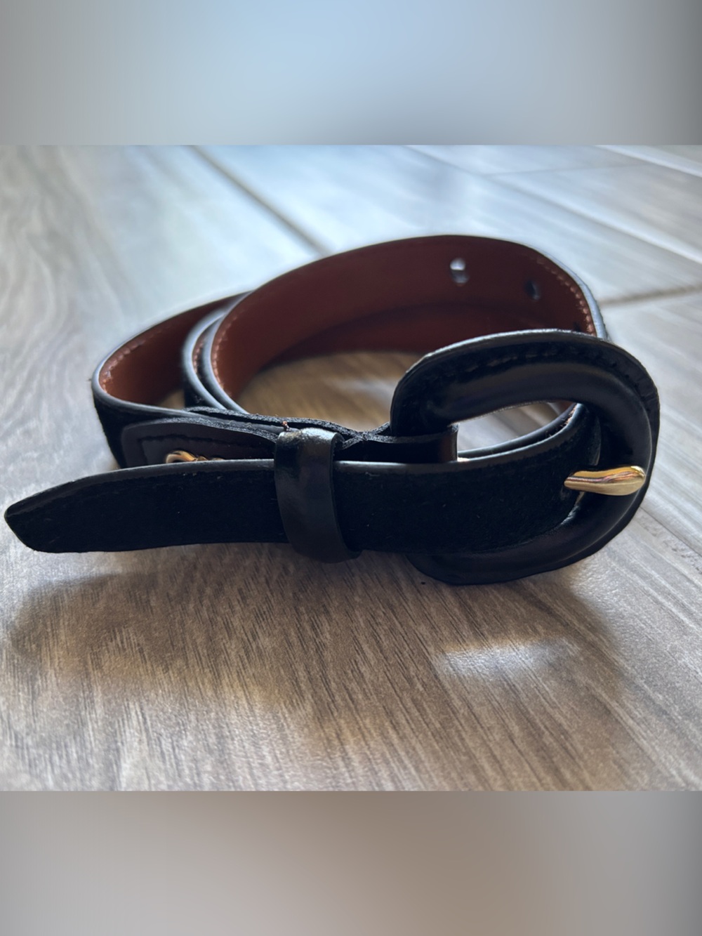 Skinny Black Suede Women’s Belt with Gold Buckle